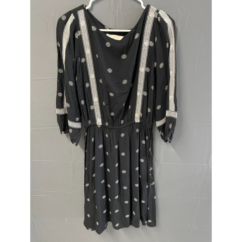Ann Taylor LOFT Fit & Flare Dress Womens Small Black Beige Floral Puff‎ Sleeve